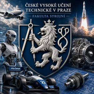 České vysoké učení technické v Praze Fakulta strojní, lev s korunkou, kružítko, letadlo, robot, formule, raketa, motor