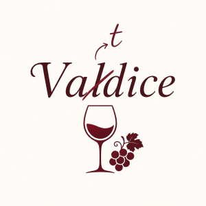 nápis Valdice, škrtnuté "d", opravené na "t", jednoduchý motiv vína bez krajiny