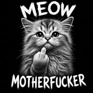 Huňatá roztomilá reálná kočka ukazuje prostředníček. Nahoře „MEOW“, dole „MOTHERFUCKER“. Bílá detailní kresba