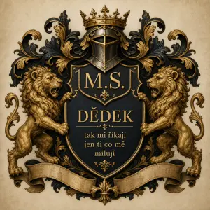 Rodinný erb s iniciály M.S. a uvnitř erbu nápis DĚDEK tak mi říkají jen ti co mě milují