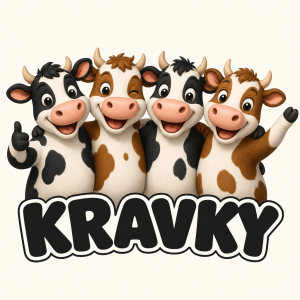 4 kravky jako přátelé a pod tím nápis KRAVKY
