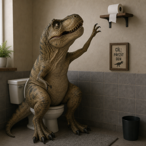 dinosour co sere na zachode ale nedosahne na toaletni papir