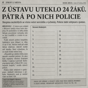 stránka novin ve které je zpráva o uteku 24 žáků a vynechaný prostor na jména...celkový pocit jako z novinového článku,