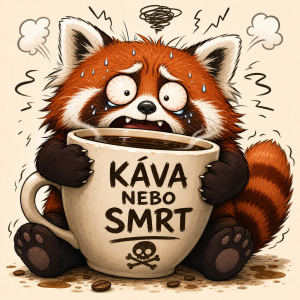 Vtipná kreslená ilustrace roztomilé červené pandy, která se zoufale drží obřího šálku kávy, vypadá extrémně vystresovaně