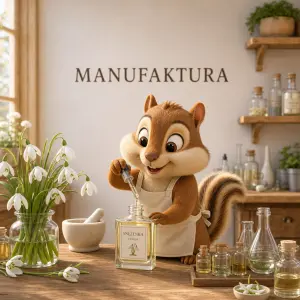 3D kreslený burunduk vyrábí parfém sněženka,na zdi je napsáno MANUFAKTURA pod a nad napisem není žadný obrazec, světlé