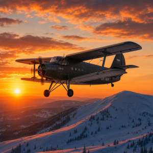 dvojplosnik Antonov AN-2 letici u zapadu slunce a zasnezeneho kopce