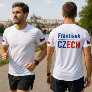 Na rukávech české vlajky a na zádech napiš František a pod ním CZECH v národních barvách . Tričko běžecké
