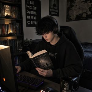černovlasý kluk co hodně čte a hraje