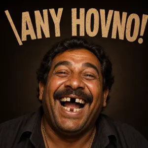 Napis "ANY HOVNO!" A vysmateho snedeho muze s mezerama mezi zubama