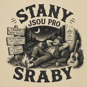Chci nápis stany jsou pro sraby a potisk s trampskou tématikou, může být vtipný