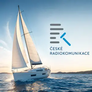 Obrázek lodi - plachetnice, pro někoho, kdo rád jezdí na jachtu a logo Českých Radiokomunikací