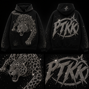 navrhni mi iced out ptkk mikinu at je obou strana a z 1 strany je leopard a z druhe iced out logo
