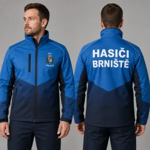 Na zádech nápis HASIČI BRNIŠTĚ. Vepředu na jednom prsu znak SDH Brniště. v odstínech modré s tmavou spodní části .