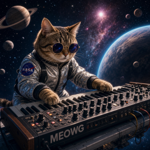 Cat on synthesizer on space