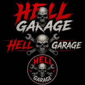 HELL GARAGE – velký agresivní nápis s lebkou
HELL GARAGE – lebka se zkříženými klíči
HELL GARAGE – kulaté logo