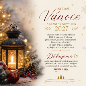 Vánoční motiv. Přání k Vánocům 2027 a poděkování zaměstnancům.
