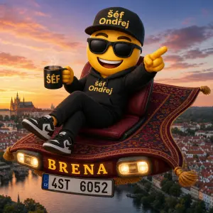 emoji kutil se jménem šéf Ondřej sedící na létajícím koberci z BRENA s SPZ 4ST 6052