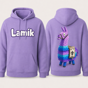 Lama jak s Fortnite na zádech a na předu napsané Lamík