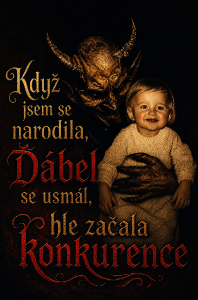 přidej text zlatým a červeným písmem na obrázek: "Když jsem se narodila, Ďábel se usmál, hle začala konkurence"