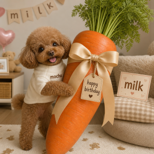 mocha nese obří mrkev pro milk jako dárek kolem mrkve je stužka a napsáno happy birthday