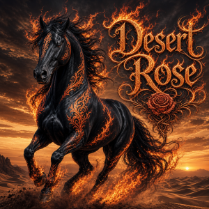 Divoký kůň, černý arabský plnokrevník, na pozadí poušť, ozdobný nápis Desert Rose, kůň i nápis ozdobené plameny