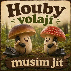Nápis Houby volají musím jít s obrázkem hub jak telefonují