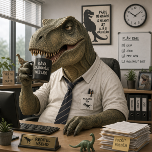 humorný dinosaurus pijící kávu v kanceláři