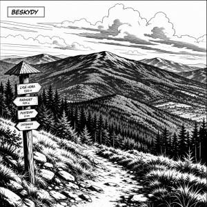 Black and white, contrast, comics like image of Beskydy mountains