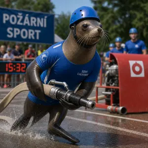 Lachtan, který běhá požární sport, má na sobě modrý dres, v ruce drží hadici s proudnicí a na hlavě má přilbu