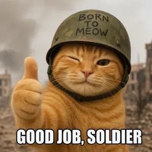 Oranžová kočka co má army helmu a ukazuje palec nahoru něco ve stylu meme