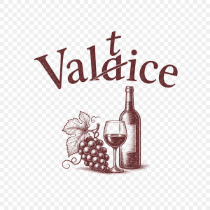 Nápis Valdice, "d" přeškrtnuté na "t", jednoduchý vintage motiv vína, bez pozadí