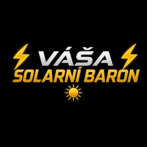 Nápis: VÁŠA SOLARNÍ BARON a před nápisem a za nápisem dva znaky pro elektřinu a pod nápisem malé sluníčko