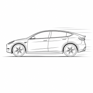 Obrys cernobily automobilu tesla y jen bocni pohled. Profesionalni vzhled v rychlosti