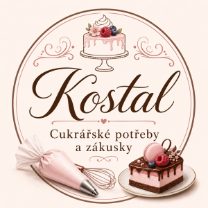 Pro cukrarku. Nápis Kostal. Cukrářské potřeby a zákusky.