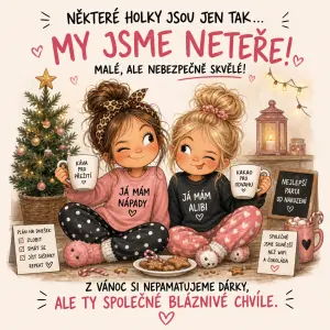 humorný obrázek dvou holčiček (neteří) s humorným textem. bude to sloužit jako dárek k vánocům