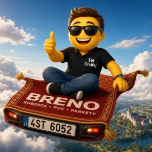 emoji kutil se jménem šéf Ondřej sedící na létajícím koberci firmy BRENO s SPZ 4ST 6052