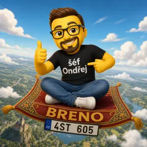 emoji se jménem šéf Ondřej,jeansy, triko bradka, dioptrické brýle sedící na létajícím koberci BRENO s SPZ 4ST 605