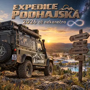 Expedice Podhajská, 2026 až nekonečno, expediční vozidlo s nápisem Lomeňáci.