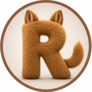 Chlupaté písmeno R, na vrchu písmena R budou uši, a z boku směr doprava ocas, logo do kruhu