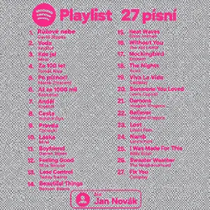 Pryč pozadí a ať je to playlist 27 písní jenom název a jméno žáka v růžové