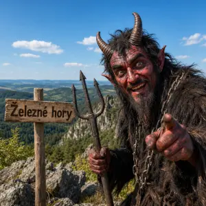 Železné hory s čertem za jasného dne, čert ať je asi 40% obrázku. Nezapomenout na ceduli : Železné hory