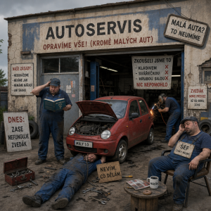 Vytvoř obrázek neschopného autoservisu který neumí opravit malé auto