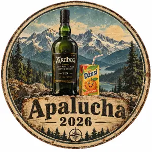 Vyrob logo s horama, kulate, s napisem Apalucha 2026. Uprostřed dej lahev skotske whiskey Adrbeg a piticko detske, dzusi