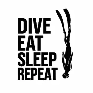Text "Dive Eat Sleep Repeat" ve slouci a vedle silueta freedivera ve volném pádu, hlavou dolů
