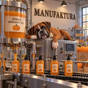 3d kreslený boxer leží na stroji,který vyrábí dýňový sprchový gel,na stěně je nápis MANUFAKTURA,pod nápisem není obrazec