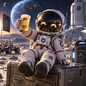 Roztomilý astronaut ve skafandru s pivem.