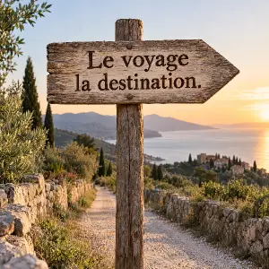 Cesta a v ní nápis Le voyage la destination.