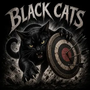 černá kočka v útoku držící terč se šipkama, nápis BLACK CATS nad kočkou