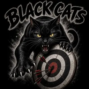 černá kočka v útoku držící terč se šipkama, nápis BLACK CATS nad kočkou