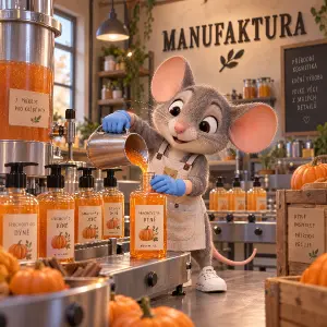 3D kreslená myš vyrábí sprchový gel dýně, má modré malé rukavice na rukou a bílé tenisky, na stěně je nápis MANUFAKTURA